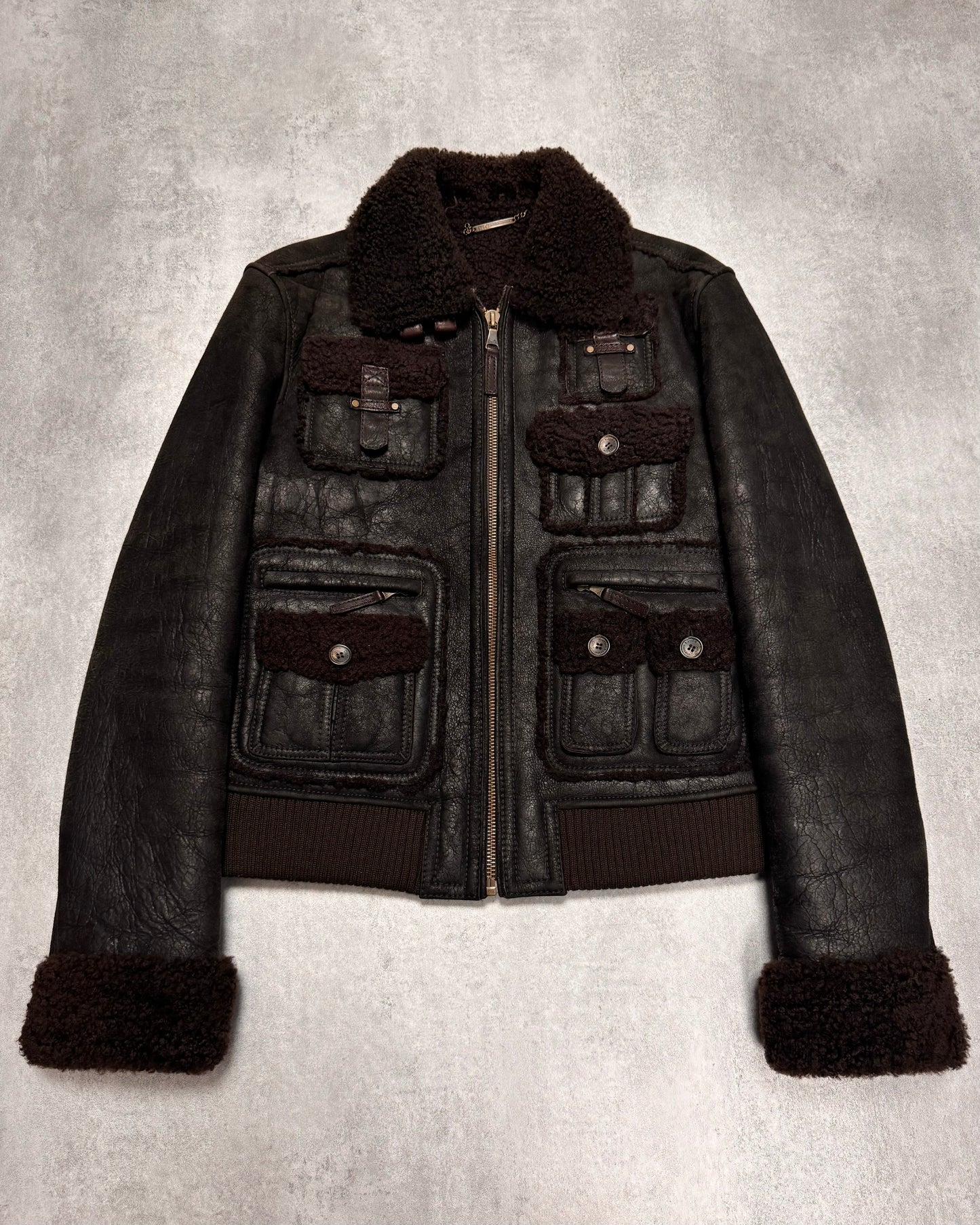 AW2009/10 Dolce & Gabbana Cargo Utility Bomber Shearling Leather Jacket (S/M)