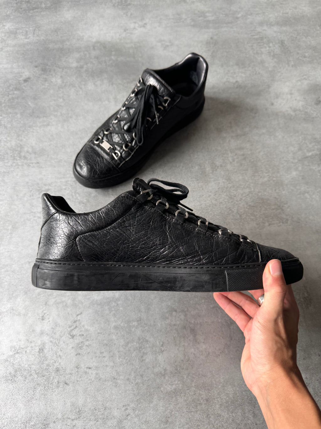 Balenciaga Arena Low Black Cracked Leather Sneakers