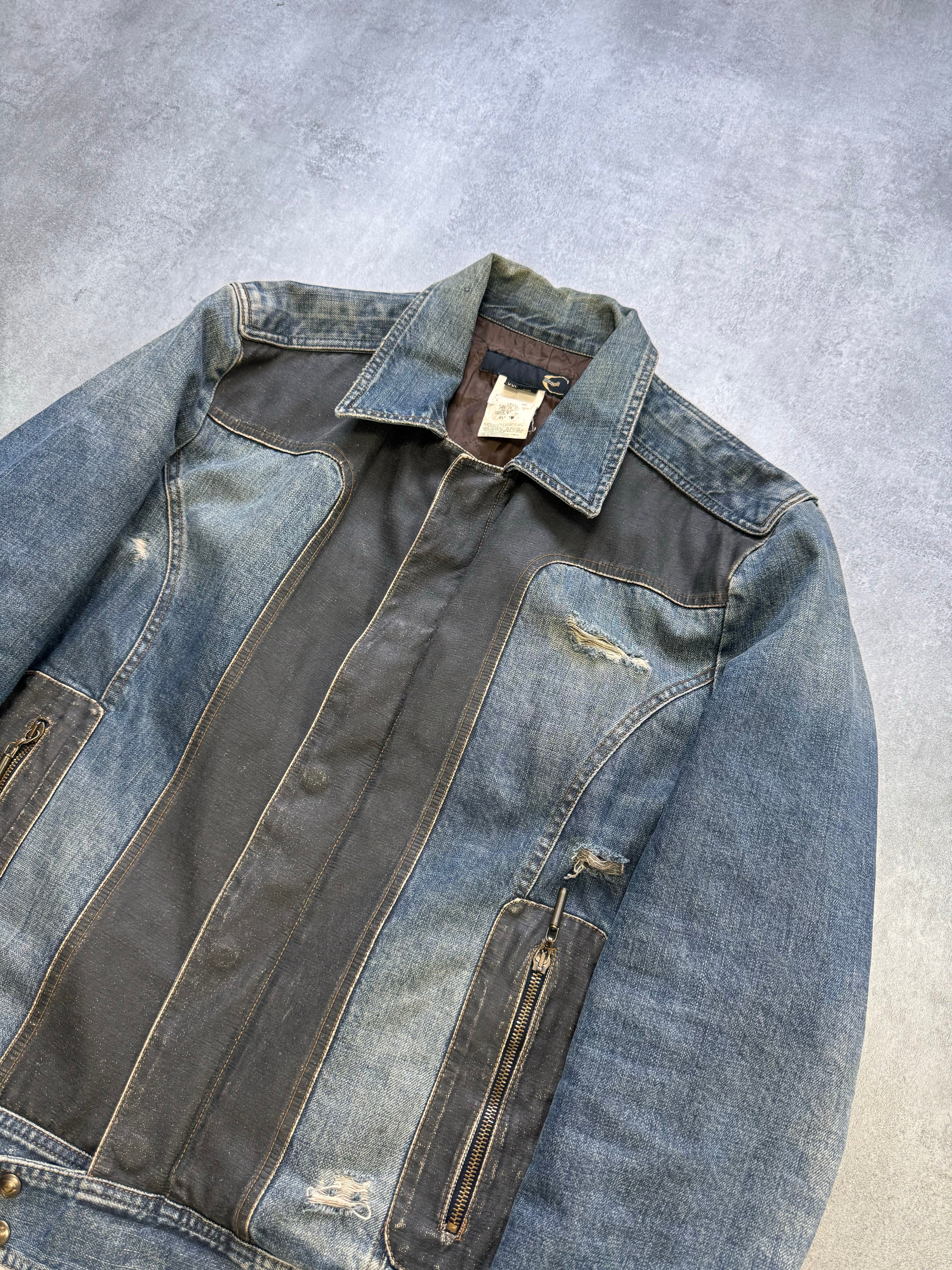 AW2005 Cavalli Brown Cross Biker Denim Jacket