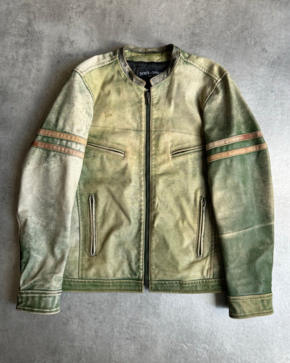 2000s Dolce & Gabbana Retro Effect Green Faded Racing Biker Leather Jacket  (S/M) - 1