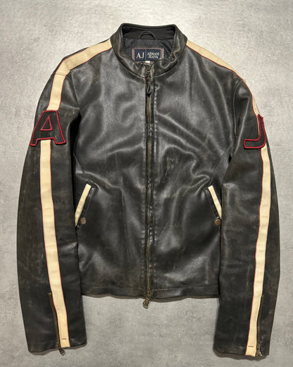 2000s Armani Biker Relief Brown Leather Jacket  (L) - 3