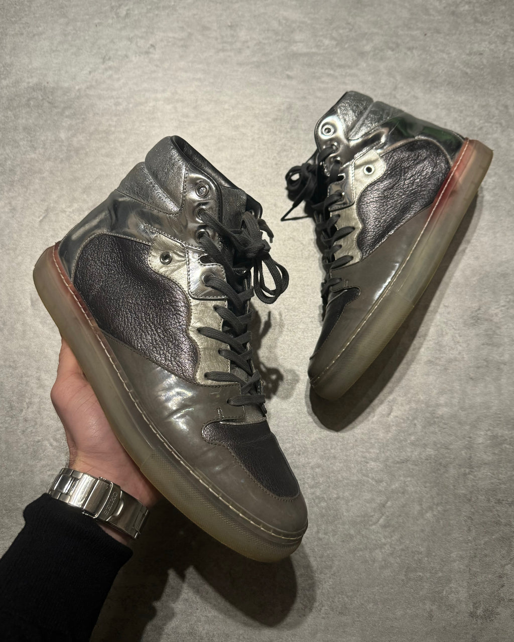 Balenciaga Arena City Grey Silver High Leather Shoes (41) - 1