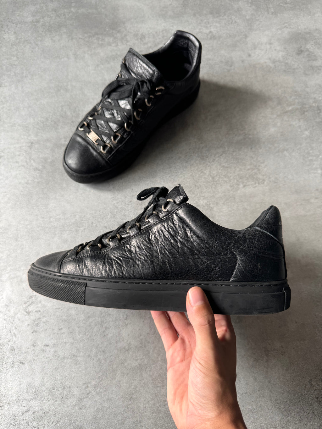 Balenciaga Arena Low Black Cracked Leather Sneakers