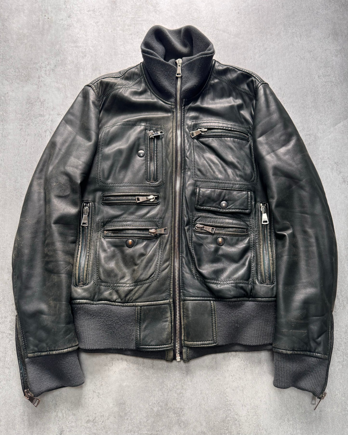 Dolce & Gabbana Multi-Zip Dark Olive Leather Jacket (M/L)