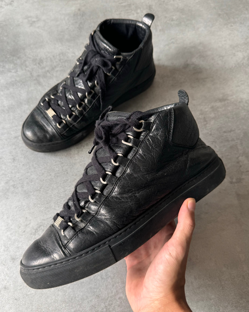 Balenciaga Arena High Black Cracked Leather Sneakers