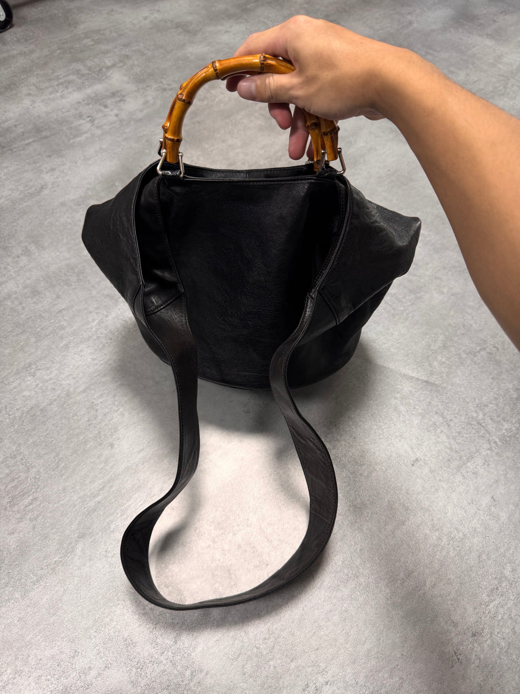 1996 Gucci Tom Ford Pure Black Leather Bamboo Shoulder Bag