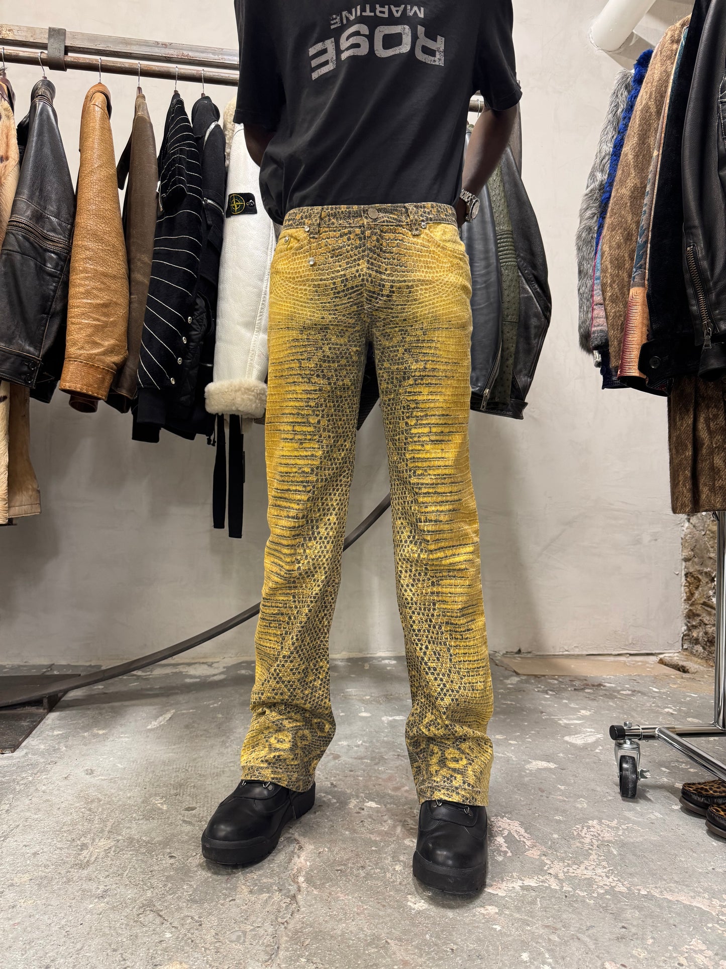 1990s Roberto Cavalli Bees Yellow Scales Pants (S)