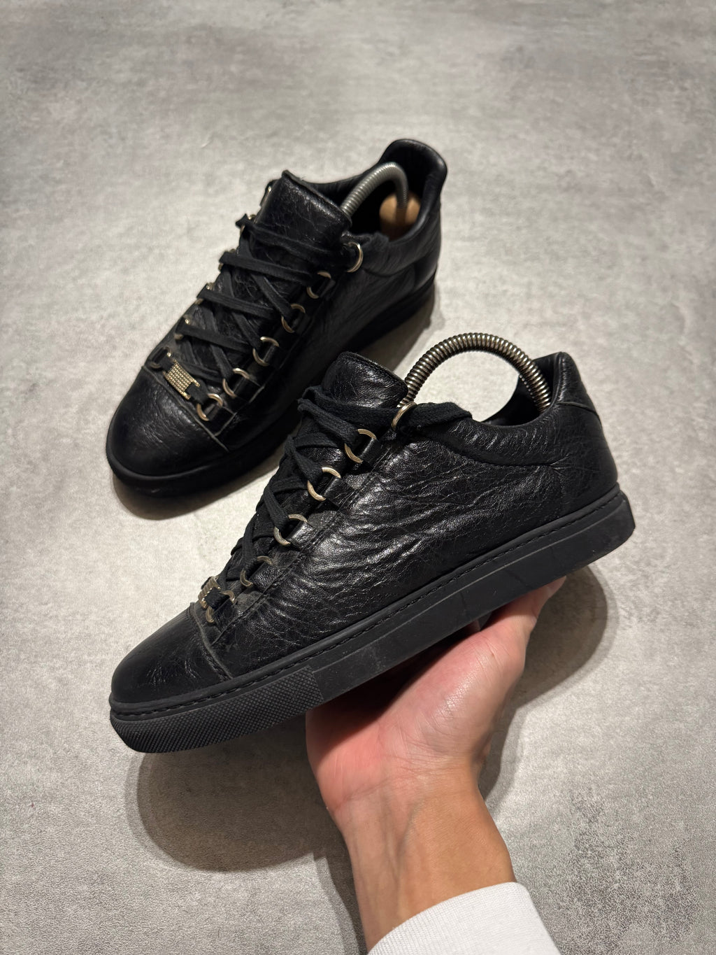 Balenciaga Arena Low Black Cracked Leather Sneakers