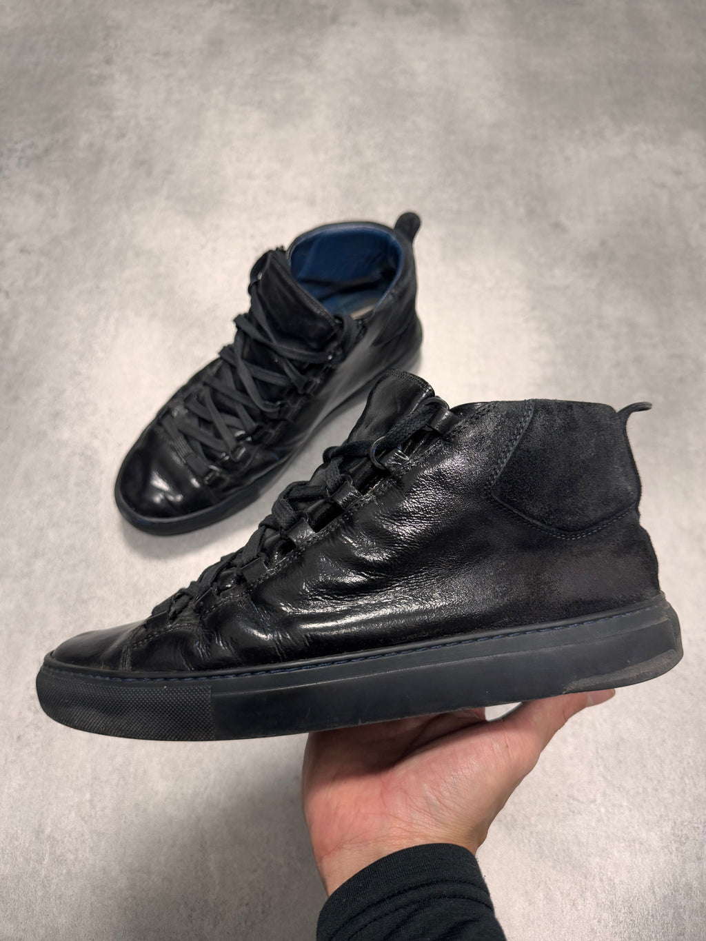 Balenciaga Arena High Hybrid Varnished Double Black Suede Leather Sneakers