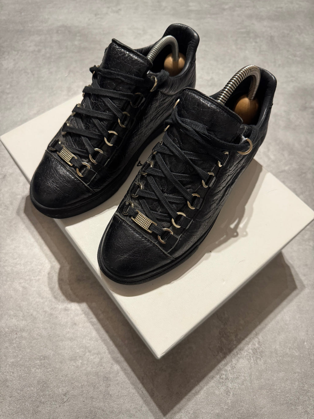 Balenciaga Arena Low Black Cracked Leather Sneakers