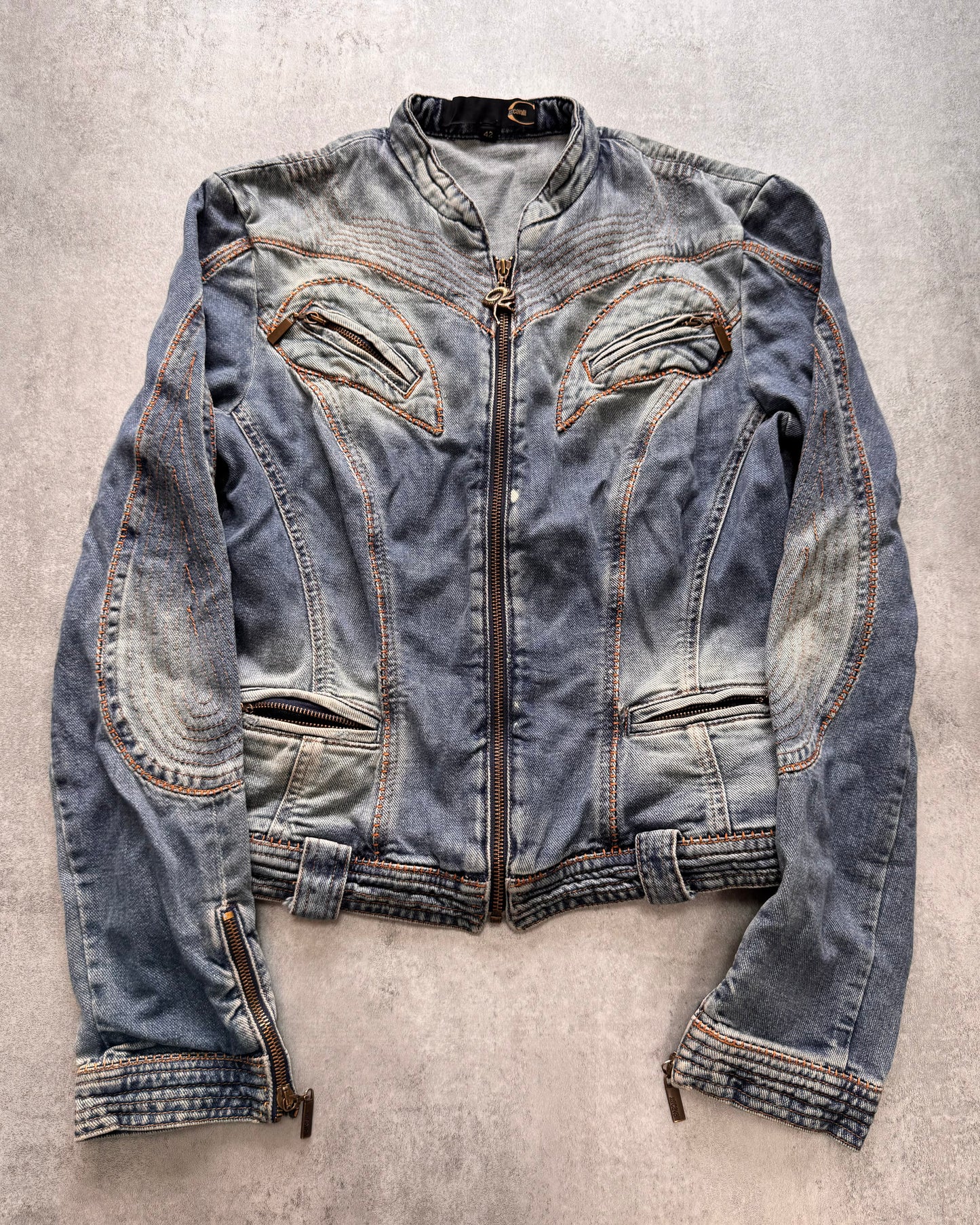 SS2005 Cavalli Sexy Biker Conceptual Denim Jacket (XS)