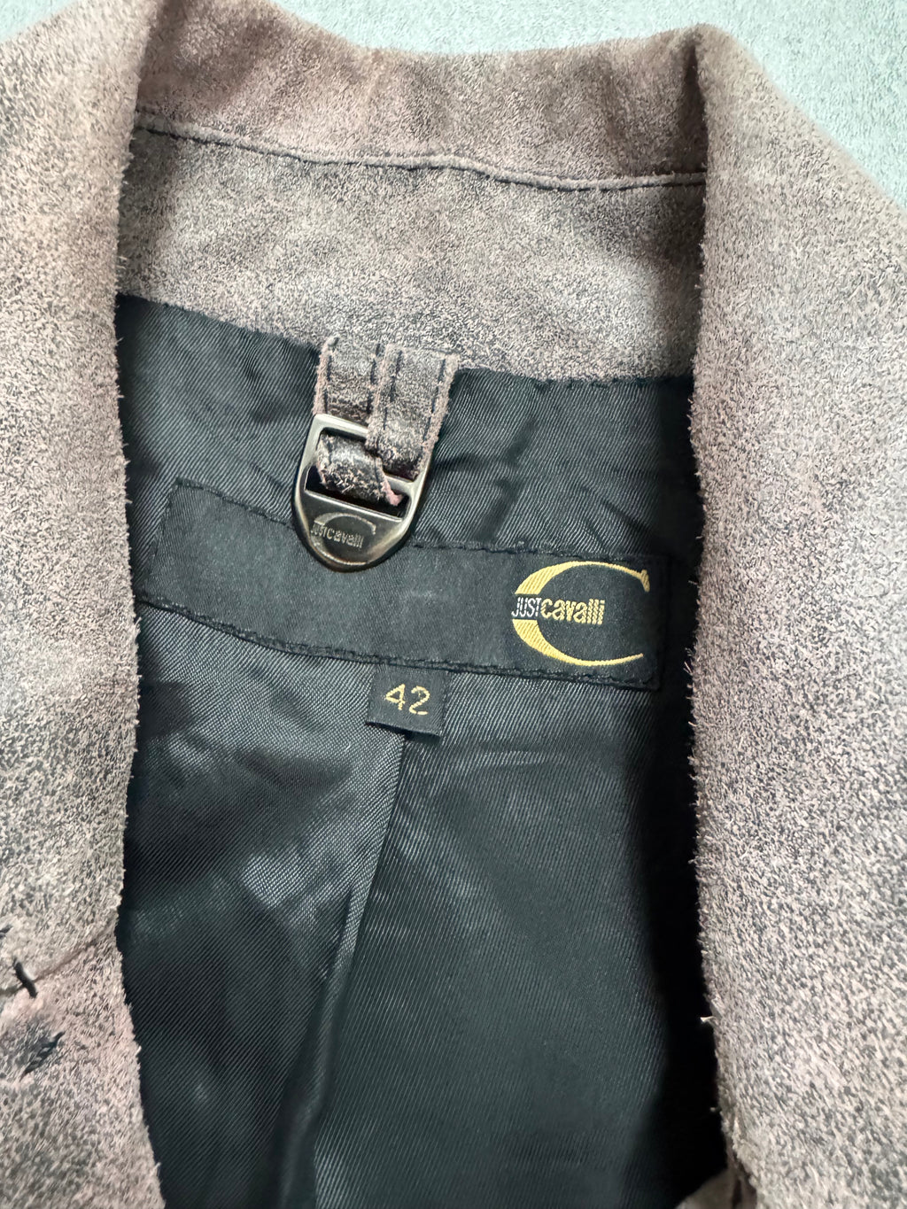 2000s Cavalli Raw Purple Grey Asymmetrical Leather Jacket