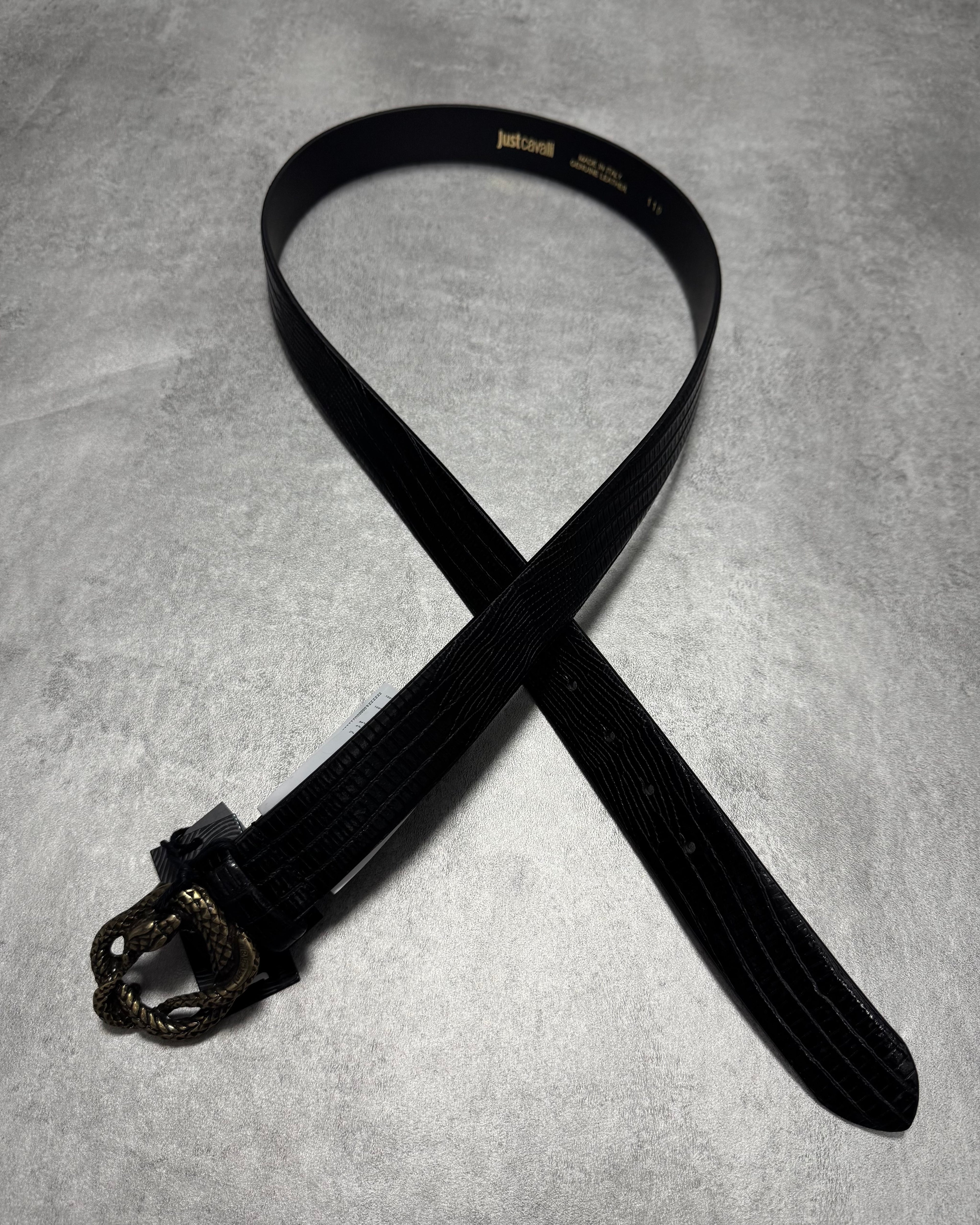 Cavalli Snake Effect Black Calf Leather Belt