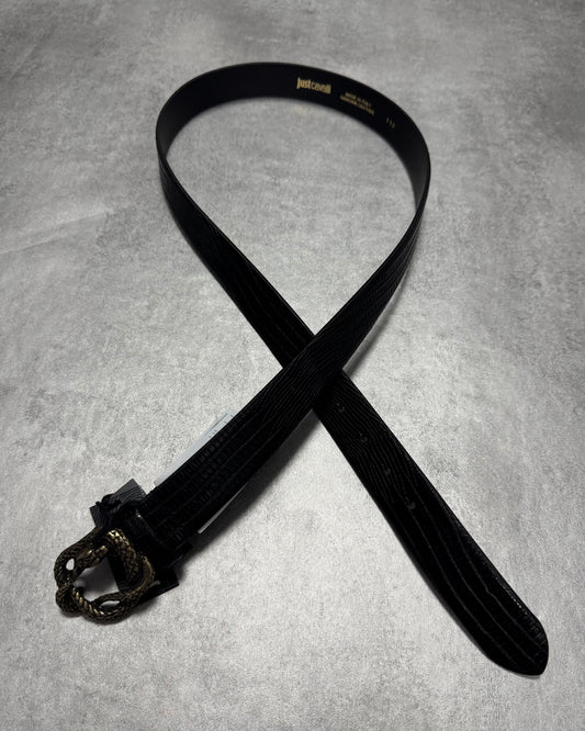 Cavalli Snake Effect Black Calf Leather Belt (OS)