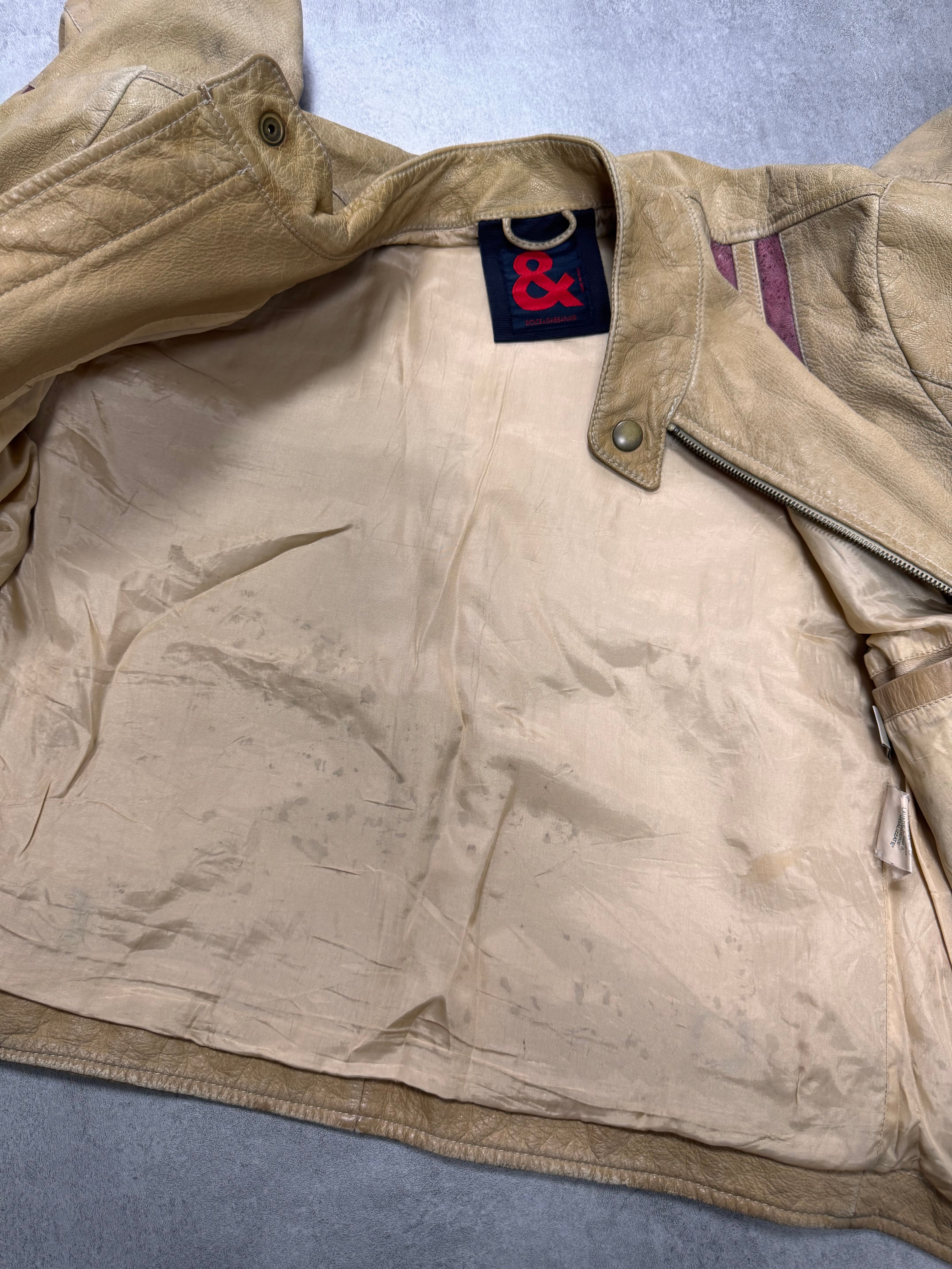 2000s Dolce & Gabbana Red Stripes Beige Leather Biker Jacket