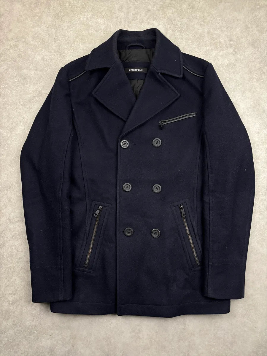 Lagerfeld Dark Navy Wool Double-Breasted Zip Pocket Coat AAYshIMh 0