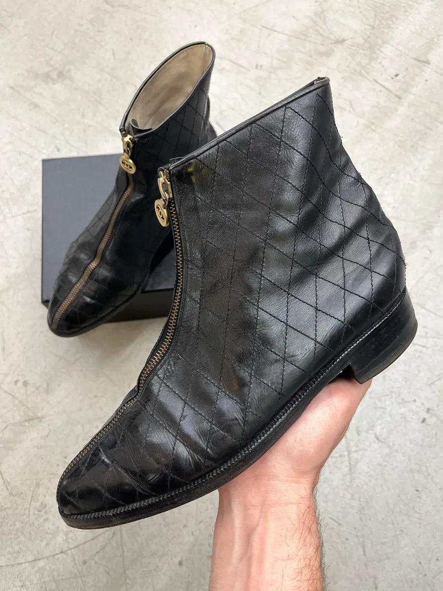 1990s Chanel Full Zip Quilted Black Leather Boots AApcCEuM 0