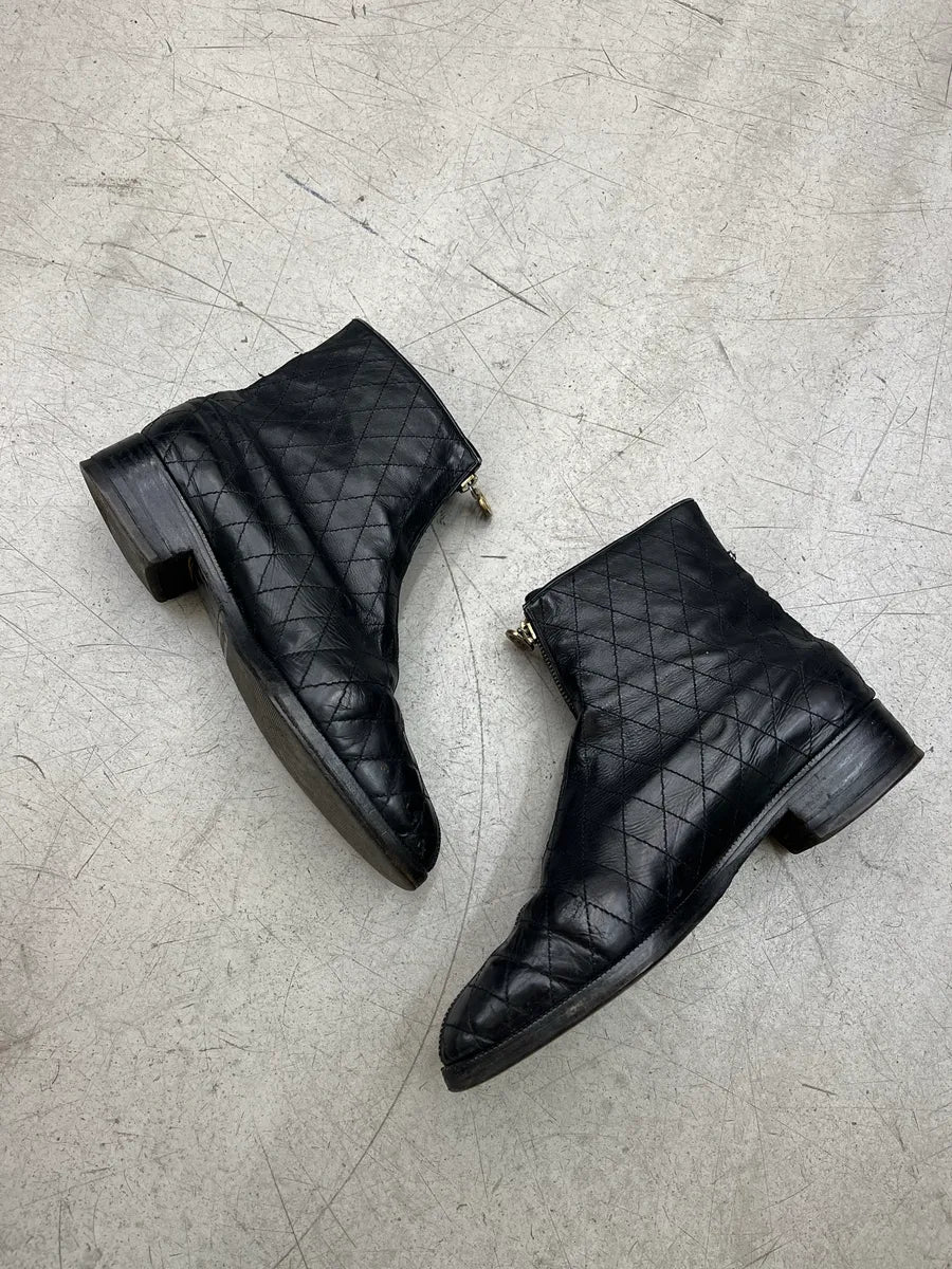 1990s Chanel Full Zip Quilted Black Leather Boots AApcCEuM 2