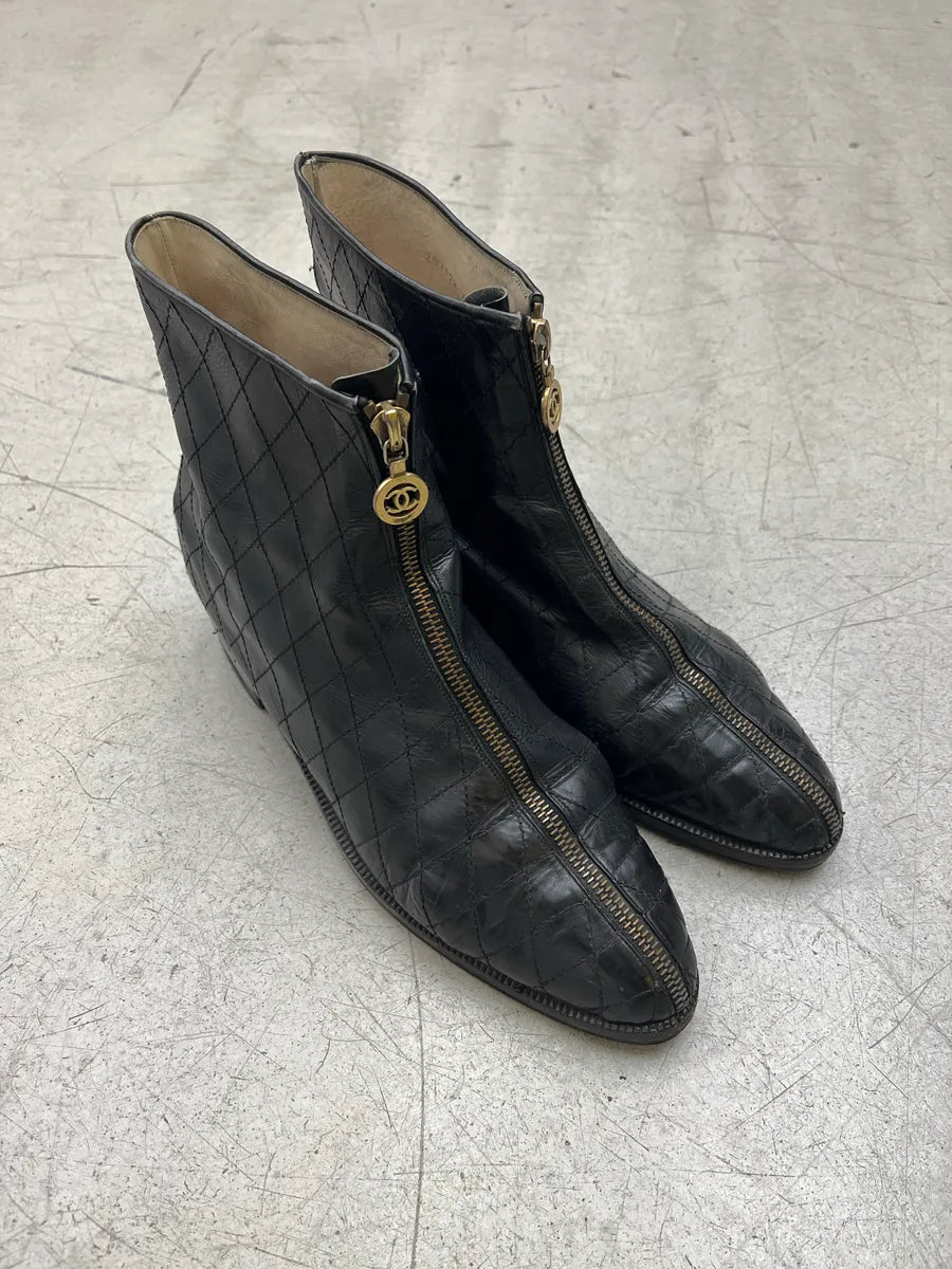 1990s Chanel Full Zip Quilted Black Leather Boots AApcCEuM 3