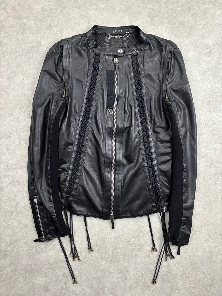 SS2010 Gucci Black Leather Lattice Mesh Moto Leather Jacket by Frida Giannini AAthjzok 0