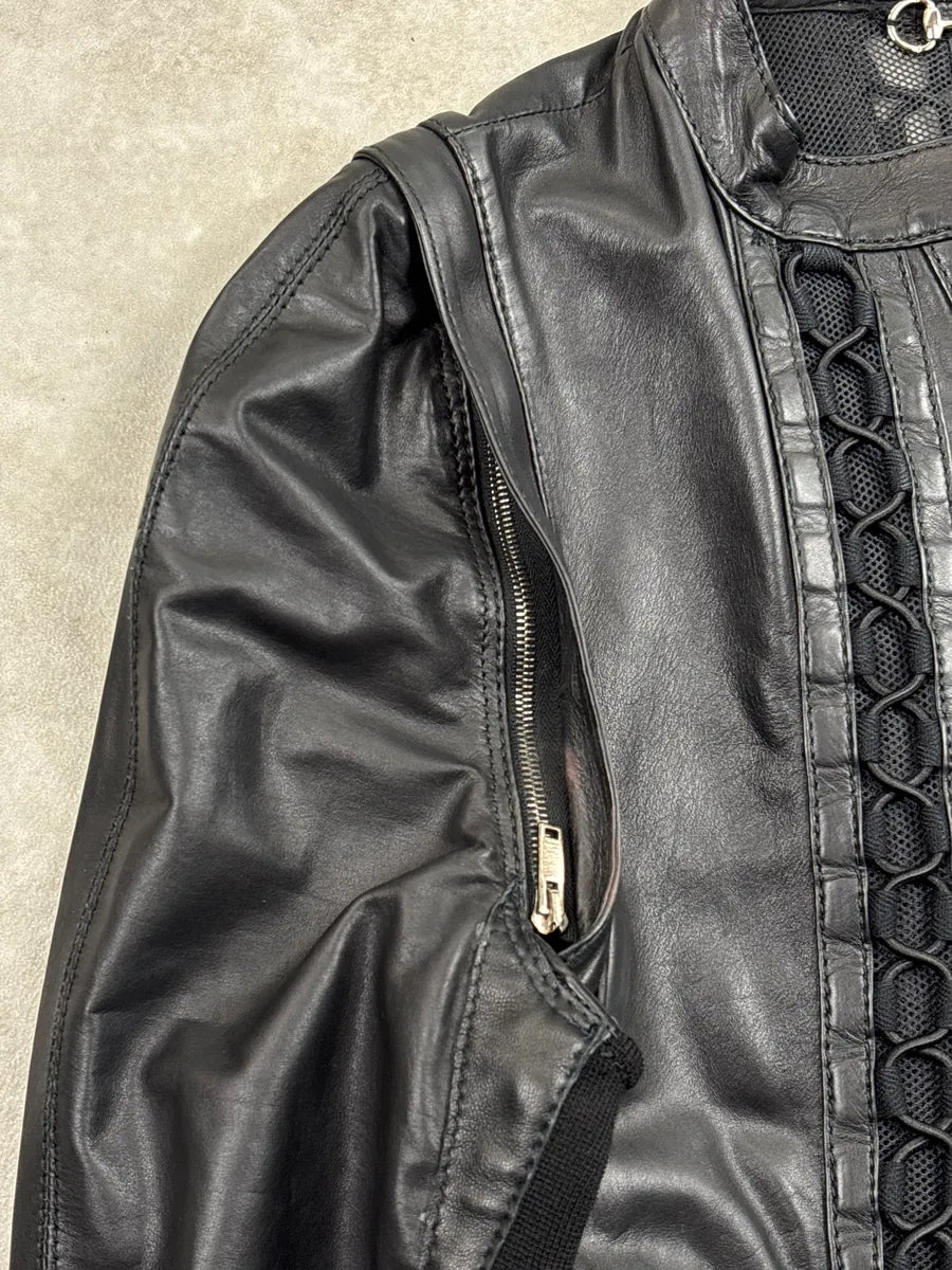 SS2010 Gucci Black Leather Lattice Mesh Moto Leather Jacket by Frida Giannini AAthjzok 10