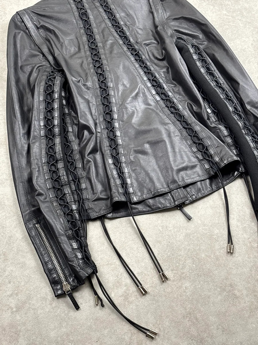 SS2010 Gucci Black Leather Lattice Mesh Moto Leather Jacket by Frida Giannini AAthjzok 12