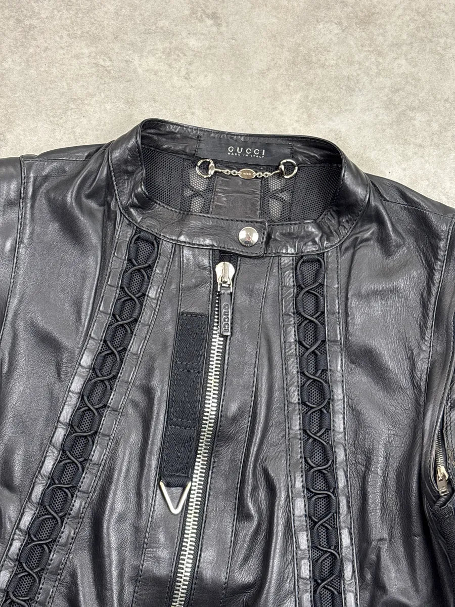 SS2010 Gucci Black Leather Lattice Mesh Moto Leather Jacket by Frida Giannini AAthjzok 14