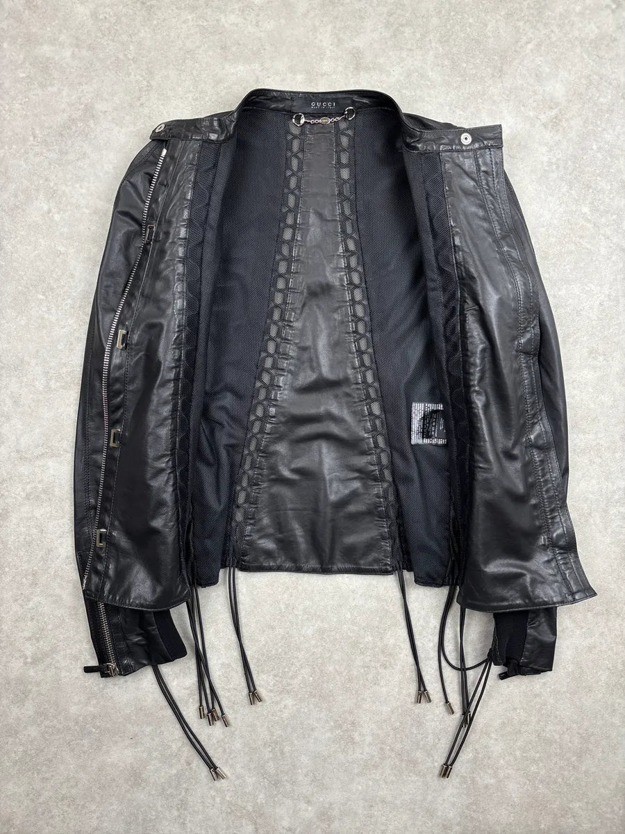 SS2010 Gucci Black Leather Lattice Mesh Moto Leather Jacket by Frida Giannini AAthjzok 5