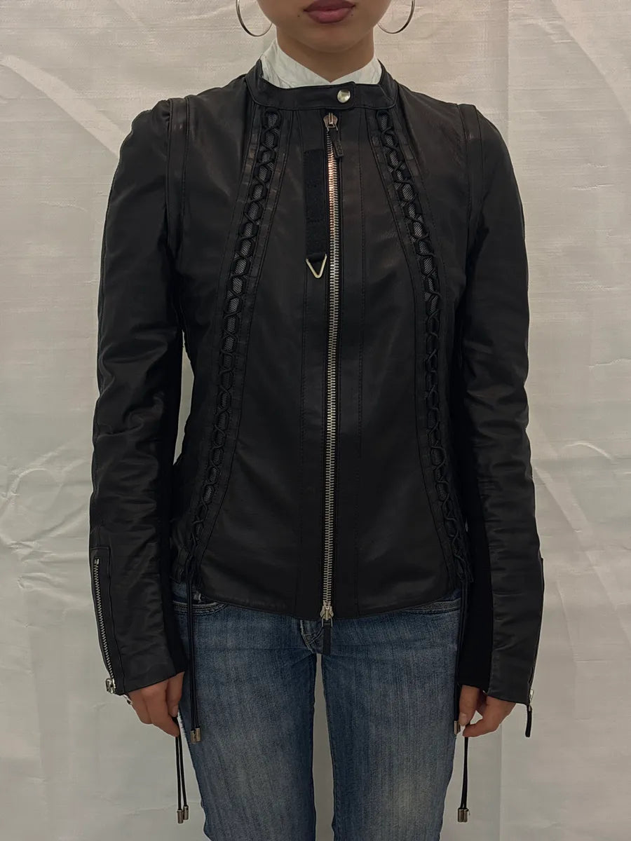 SS2010 Gucci Black Leather Lattice Mesh Moto Leather Jacket by Frida Giannini AAthjzok 2