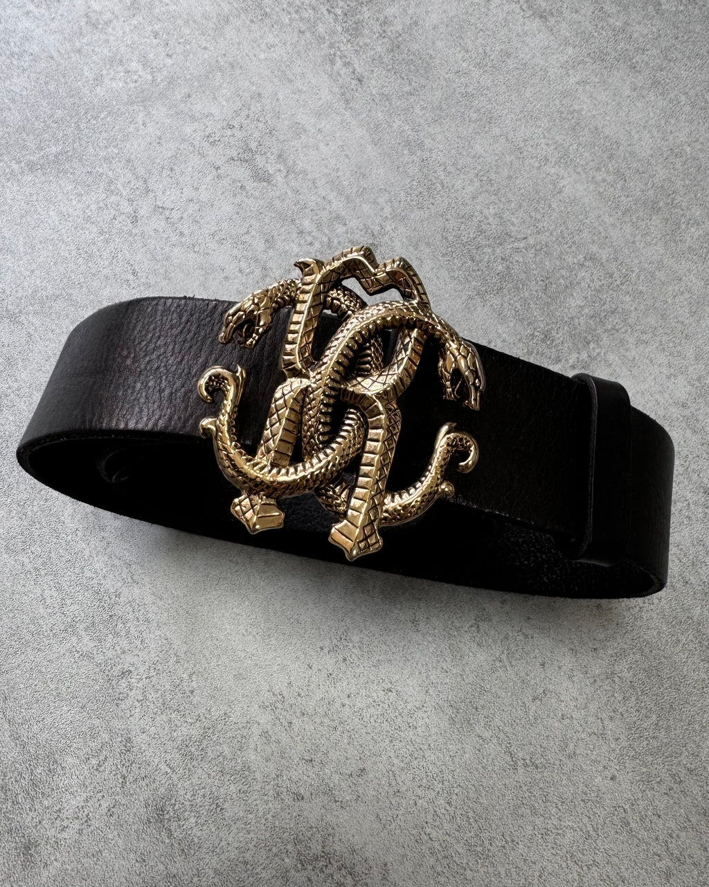 Roberto Cavalli Golden Snake Buckle Brown Leather Belt (OS)