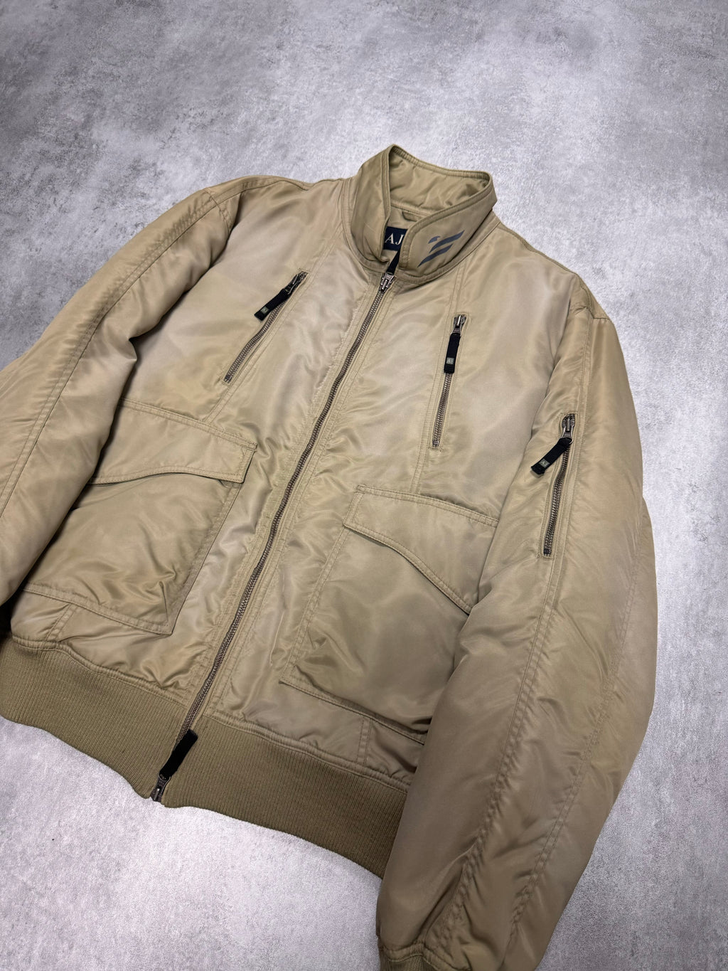 2000s Armani Beige Washed Utility Drift Bomber Jacket