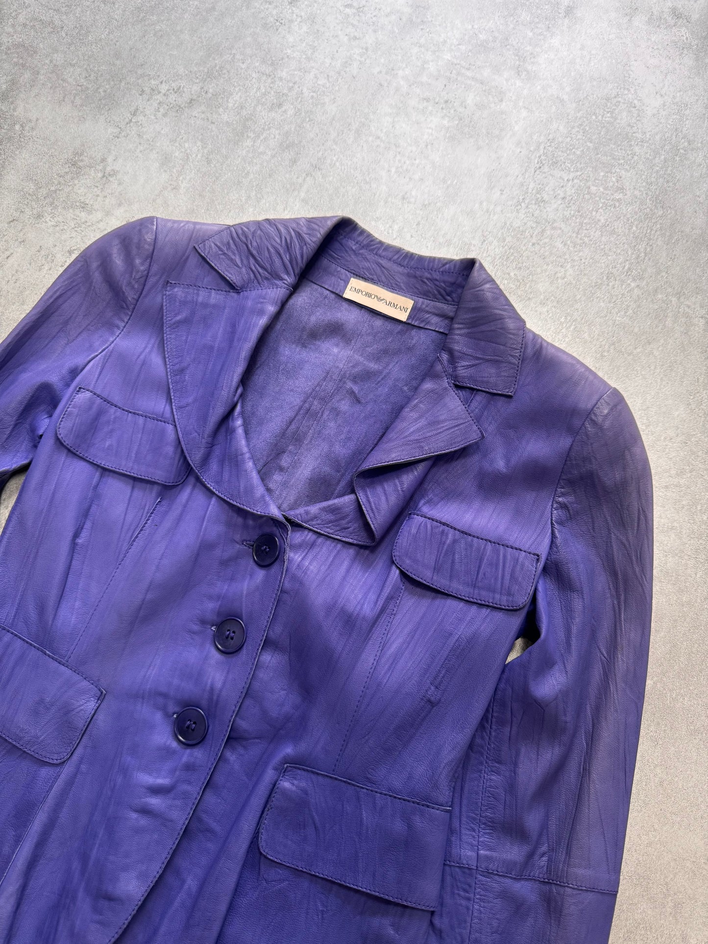 SS2005 Emporio Armani Purple Pleats Leather Buttoned Jacket (XS)