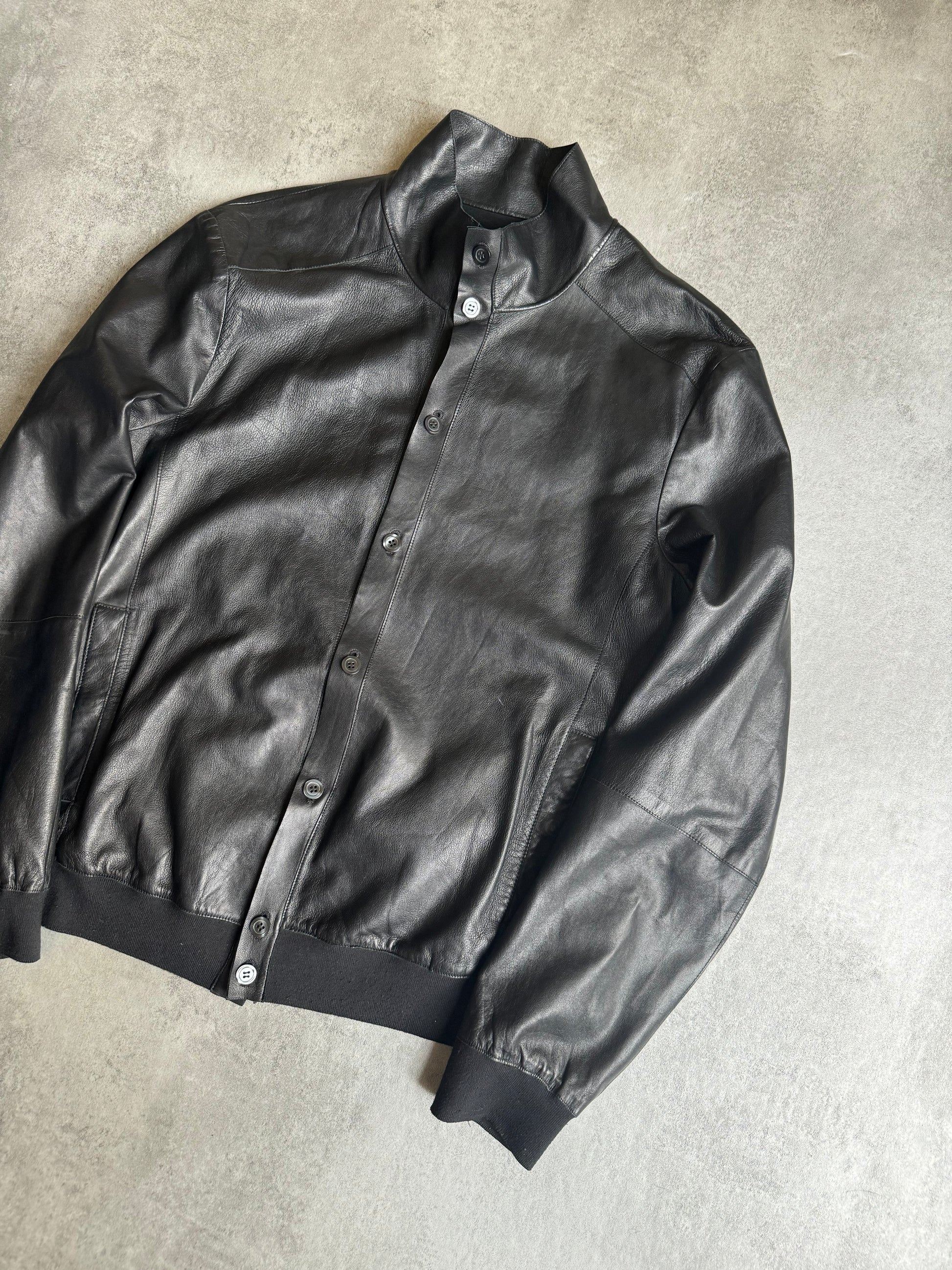 SS2015 Emporio Armani Black Pure Minimalist Button Ups Lamb Leather Jacket (L) - 5