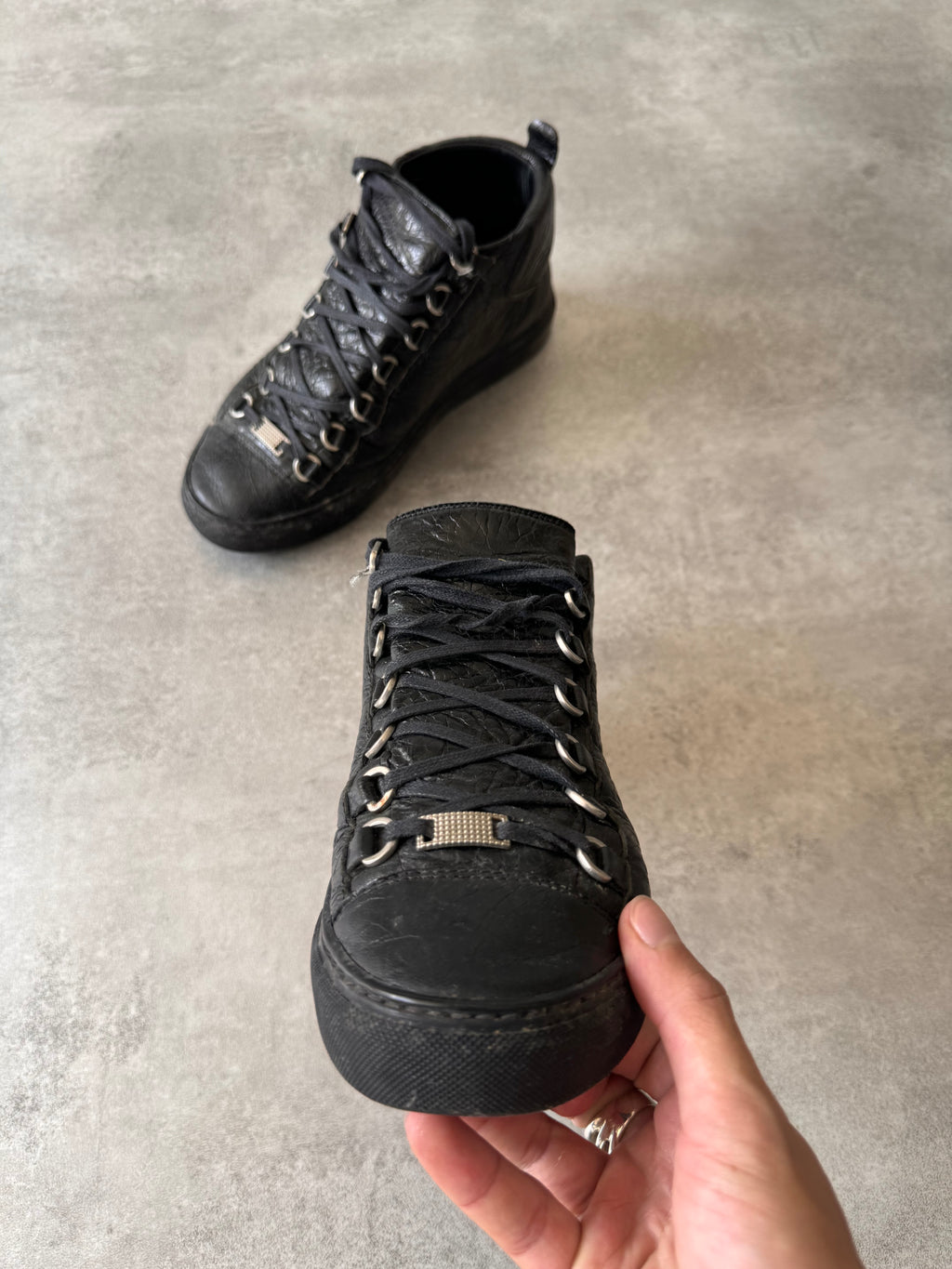 Balenciaga Arena High Black Cracked Leather Sneakers