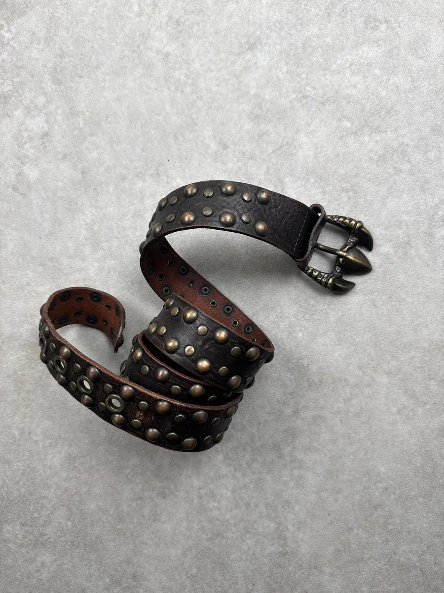 2000s Cavalli Dark Brown Leather Studded Claw-Buckle Belt AFDWOSOc 0