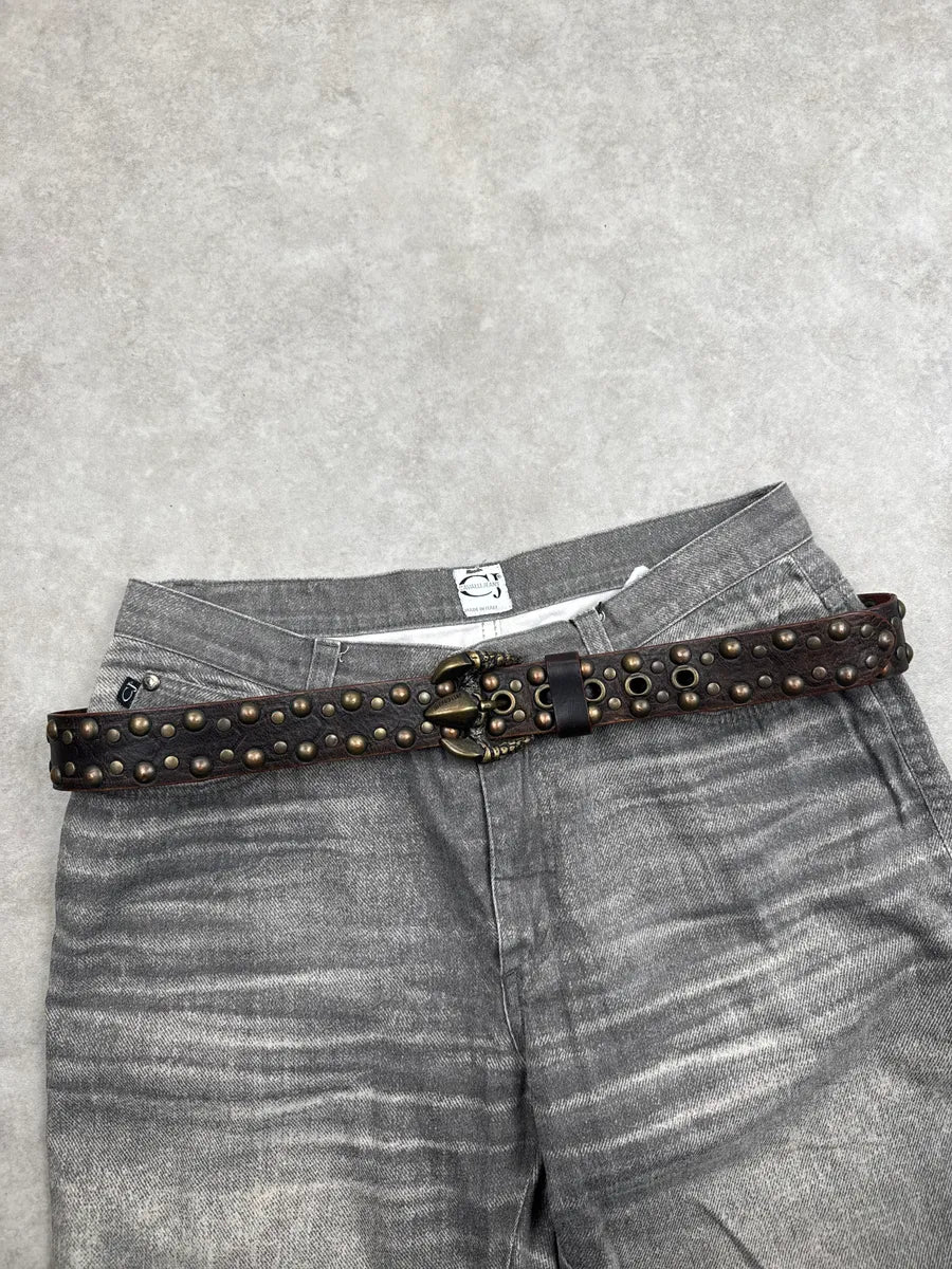 2000s Cavalli Dark Brown Leather Studded Claw-Buckle Belt AFDWOSOc 1