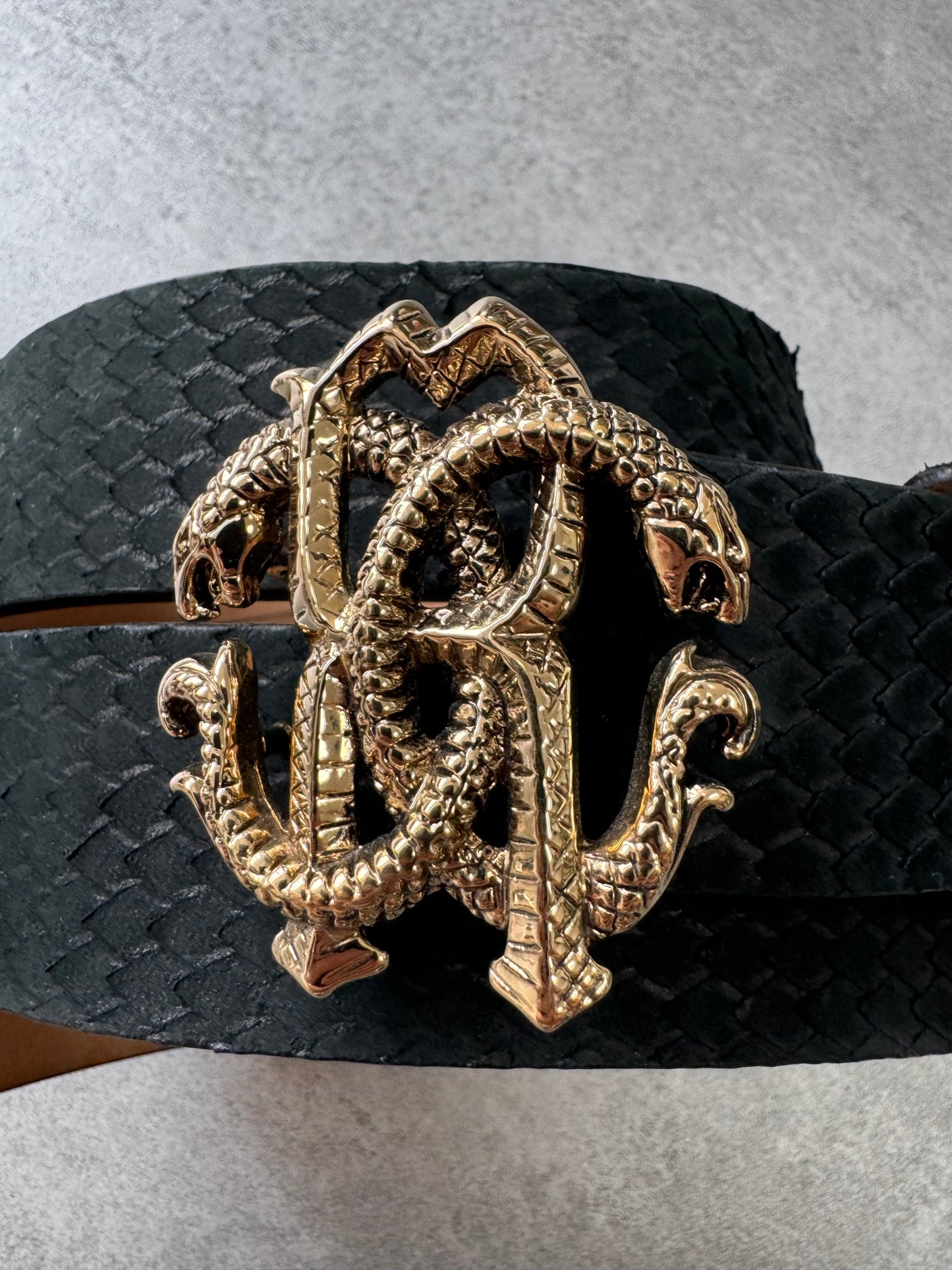 Roberto Cavalli Golden Snake Buckle Dark Navy Leather Belt (OS)