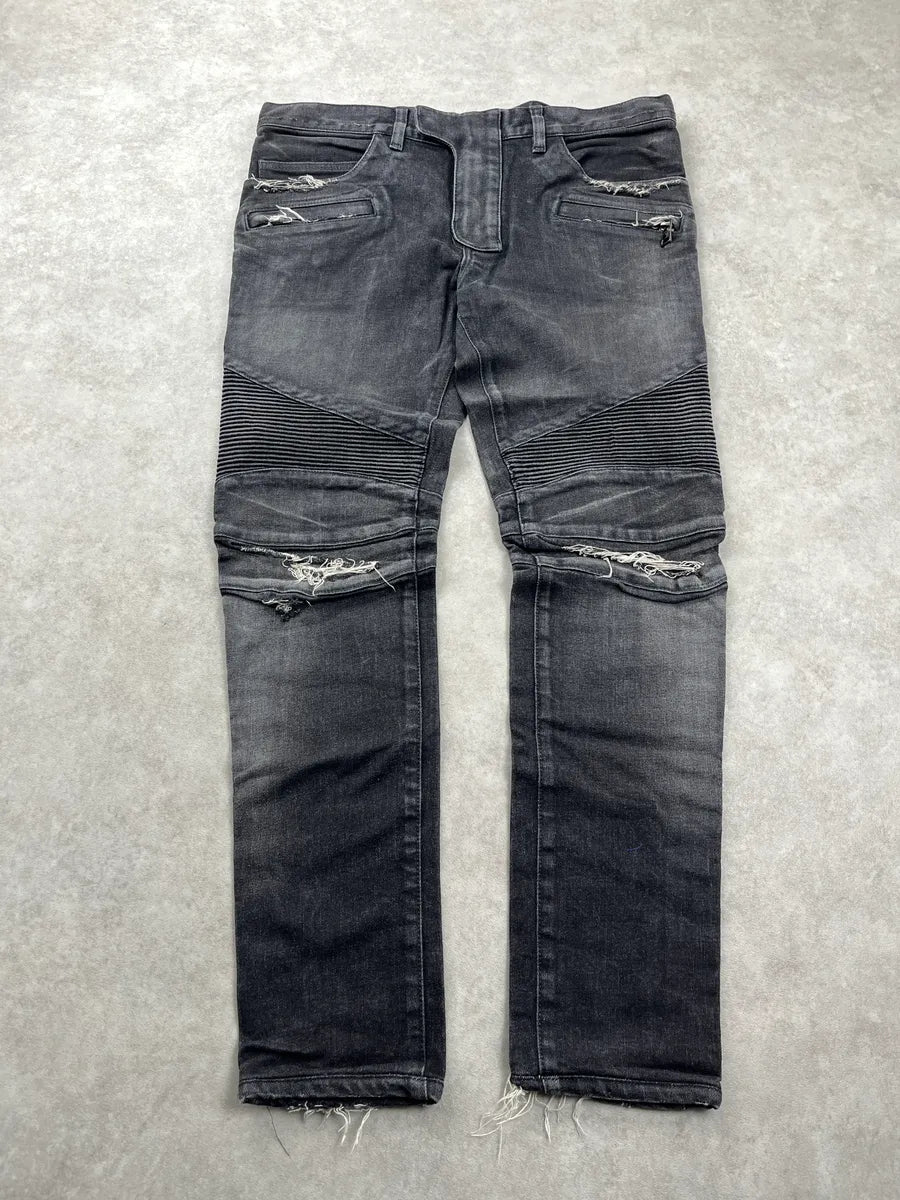 Balmain Biker Distressed Grey Denim Jeans AIVdgqwB 0