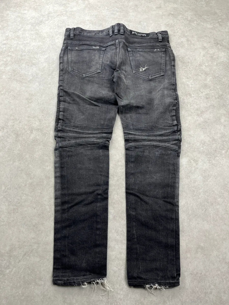Balmain Biker Distressed Grey Denim Jeans AIVdgqwB 4