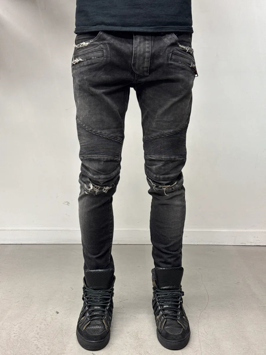 Balmain Biker Distressed Grey Denim Jeans AIVdgqwB 1