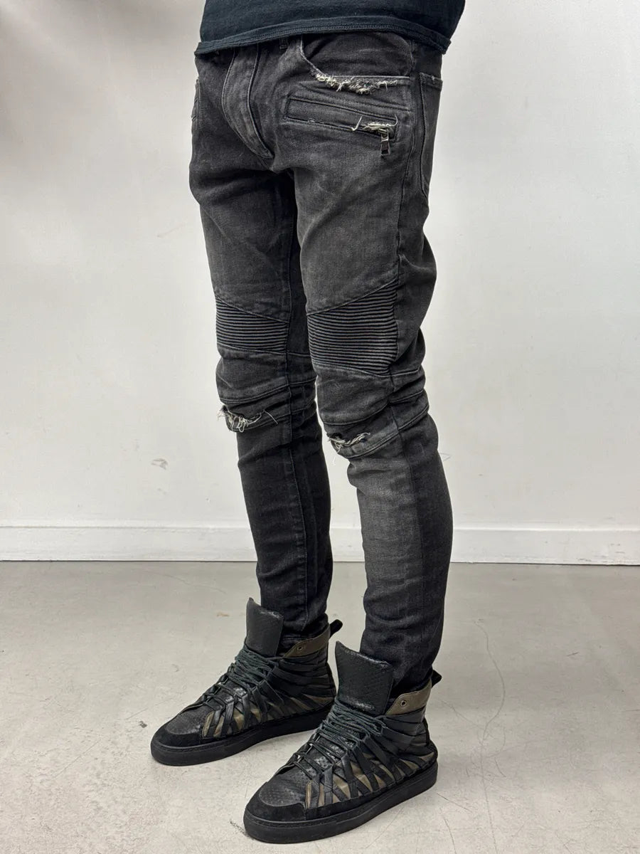 Balmain Biker Distressed Grey Denim Jeans AIVdgqwB 2