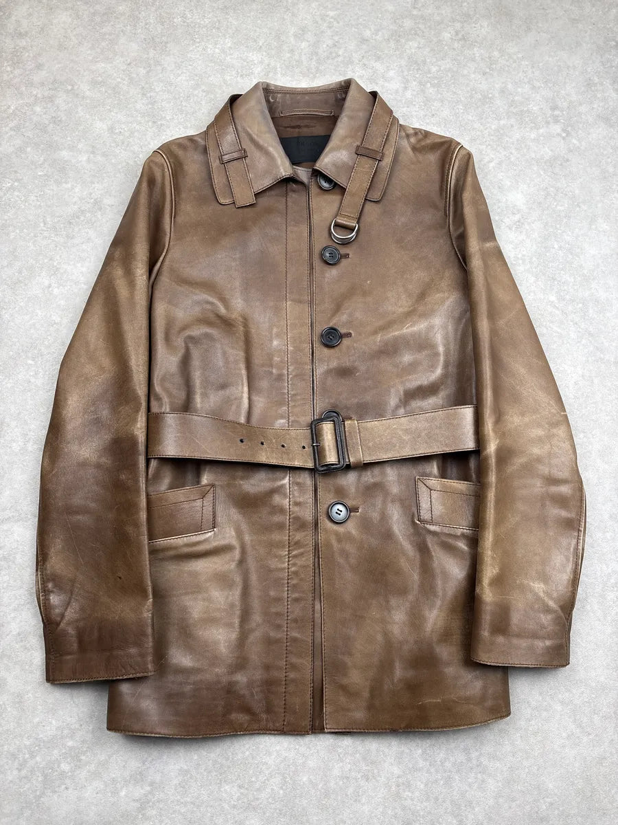 2000s Prada Brown Leather Buttoned Belted D-Ring Coat AMKbPWXU 0