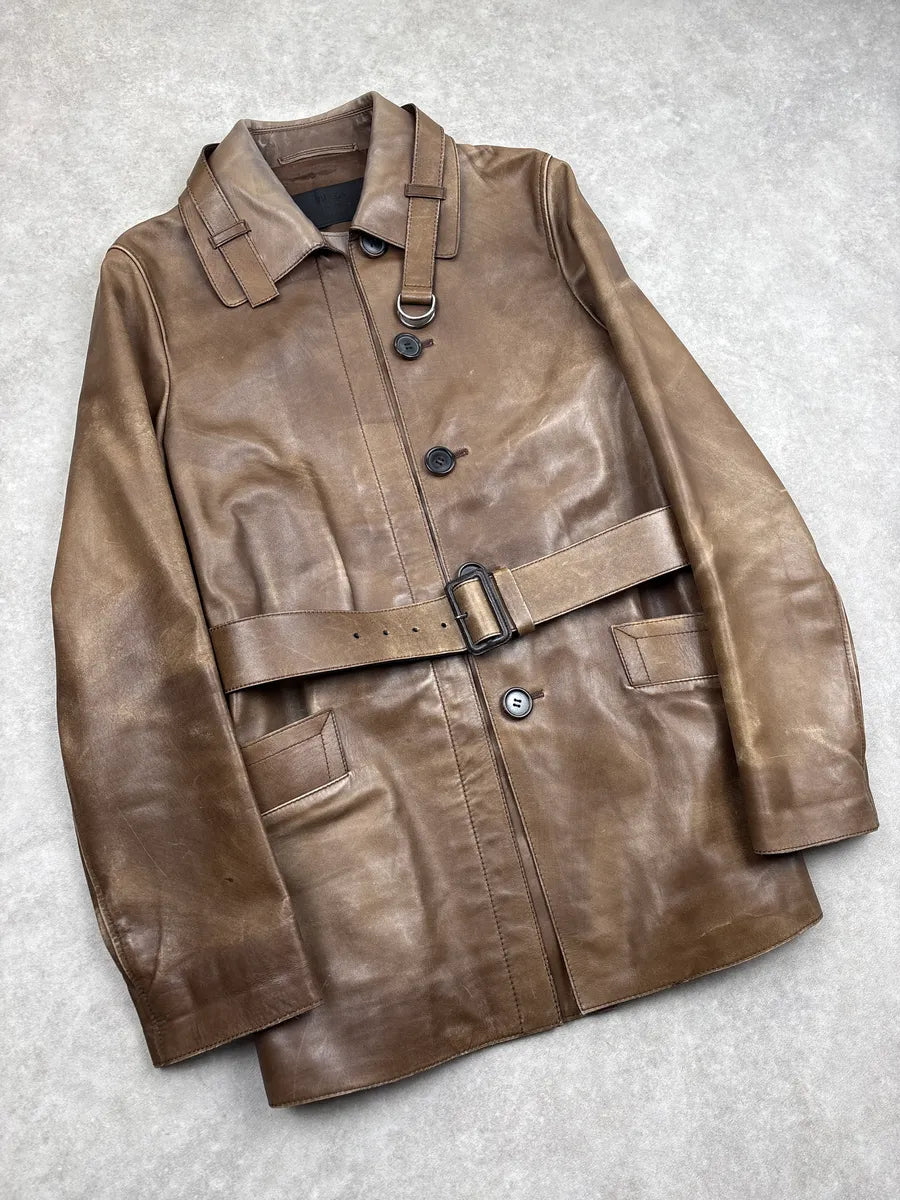 2000s Prada Brown Leather Buttoned Belted D-Ring Coat AMKbPWXU 3