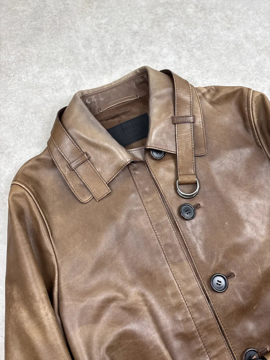 2000s Prada Brown Leather Buttoned Belted D-Ring Coat AMKbPWXU 4