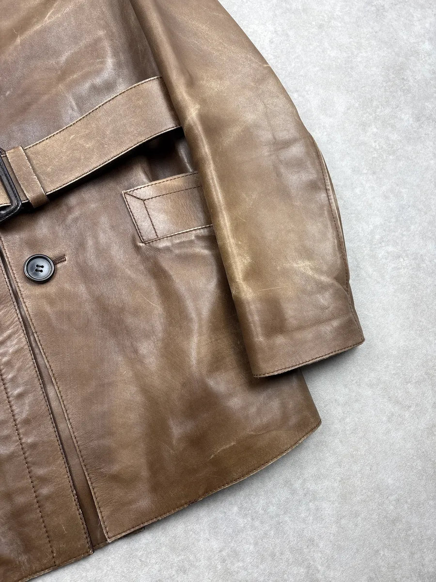 2000s Prada Brown Leather Buttoned Belted D-Ring Coat AMKbPWXU 7