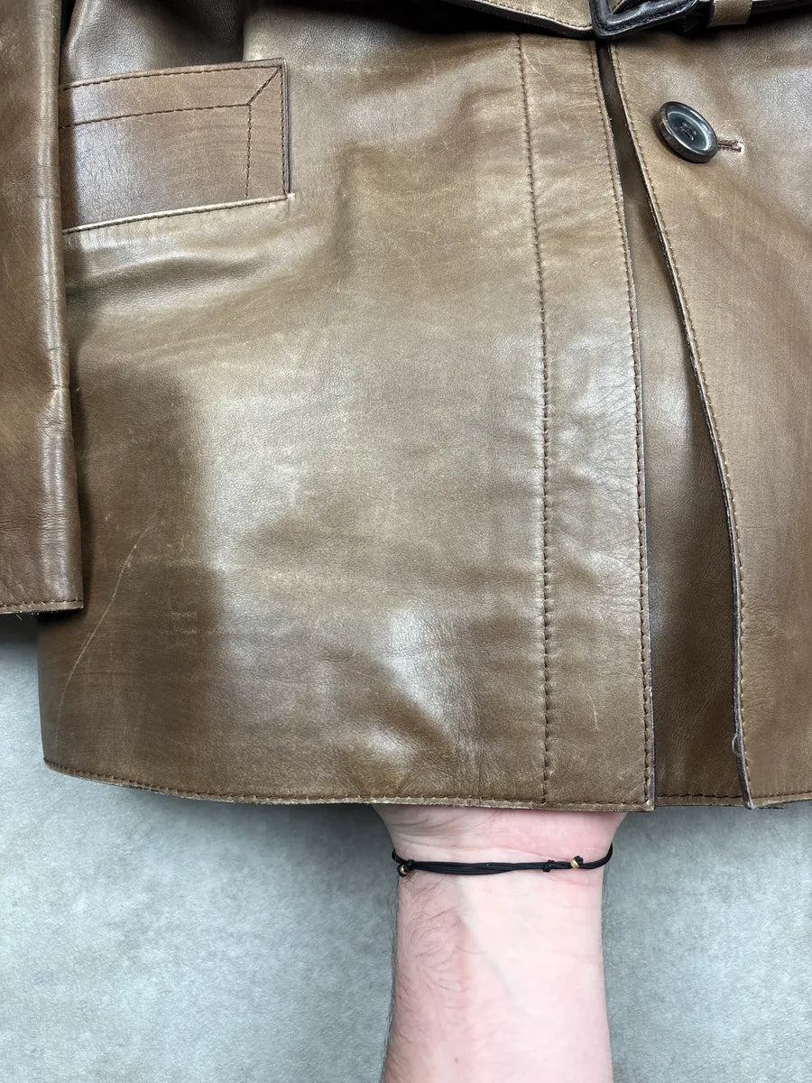 2000s Prada Brown Leather Buttoned Belted D-Ring Coat AMKbPWXU 8