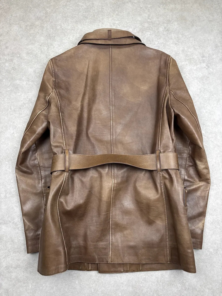 2000s Prada Brown Leather Buttoned Belted D-Ring Coat AMKbPWXU 5