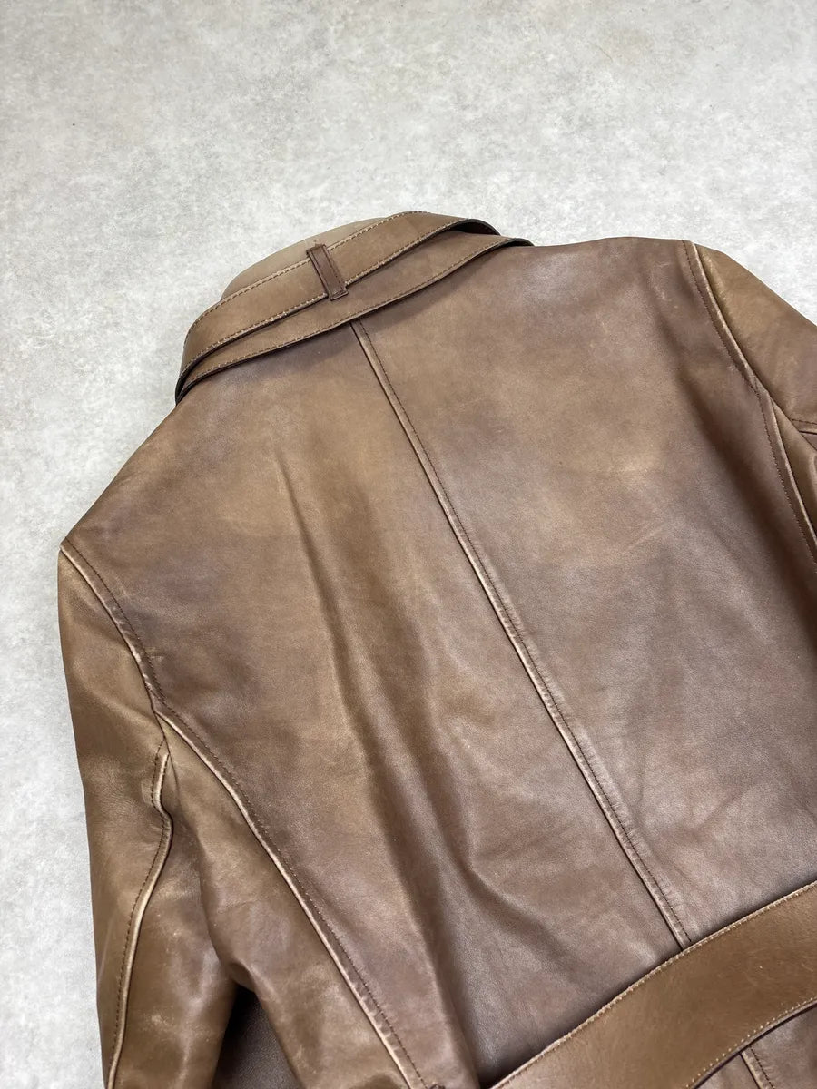 2000s Prada Brown Leather Buttoned Belted D-Ring Coat AMKbPWXU 9
