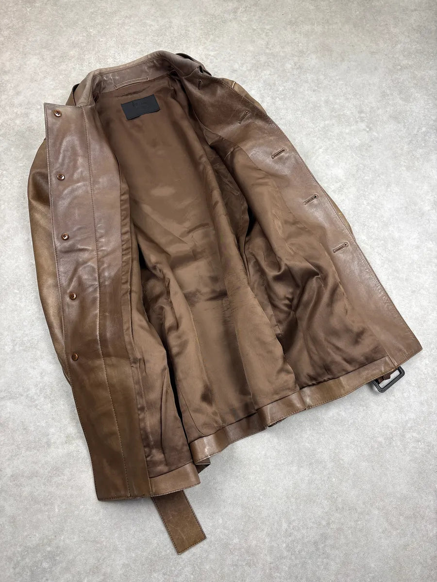 2000s Prada Brown Leather Buttoned Belted D-Ring Coat AMKbPWXU 6