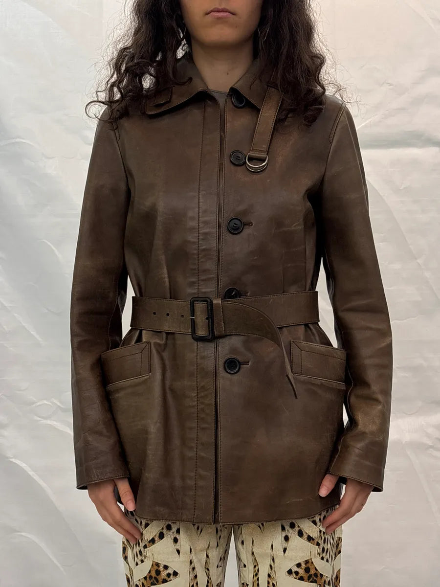 2000s Prada Brown Leather Buttoned Belted D-Ring Coat AMKbPWXU 1